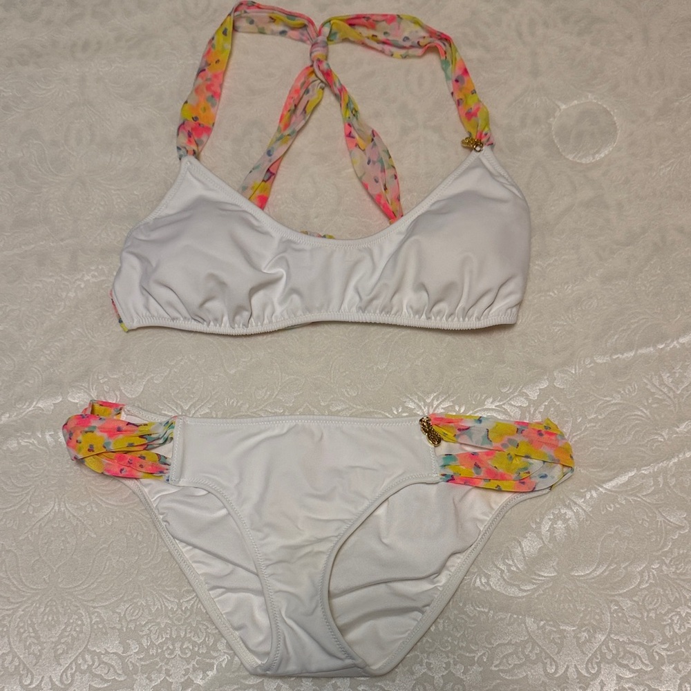 Victoria's Secret White Bikini with Colorful Floral Accents - Size Small